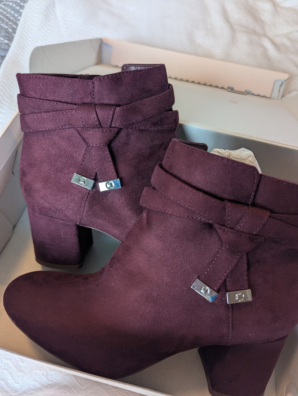 Kelly & Katie Burgundy Suede Ankle Booties with Block Heel